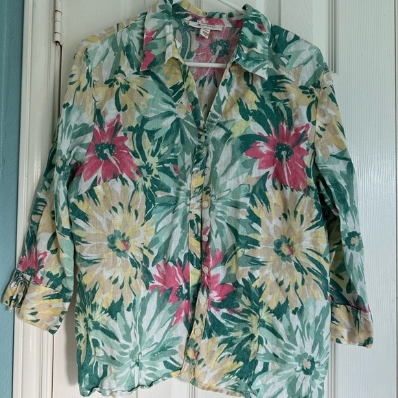 JM Collection Pink Yellow Green 100% Linen Top Women Colorful Floral Blouse - Picture 1 of 3